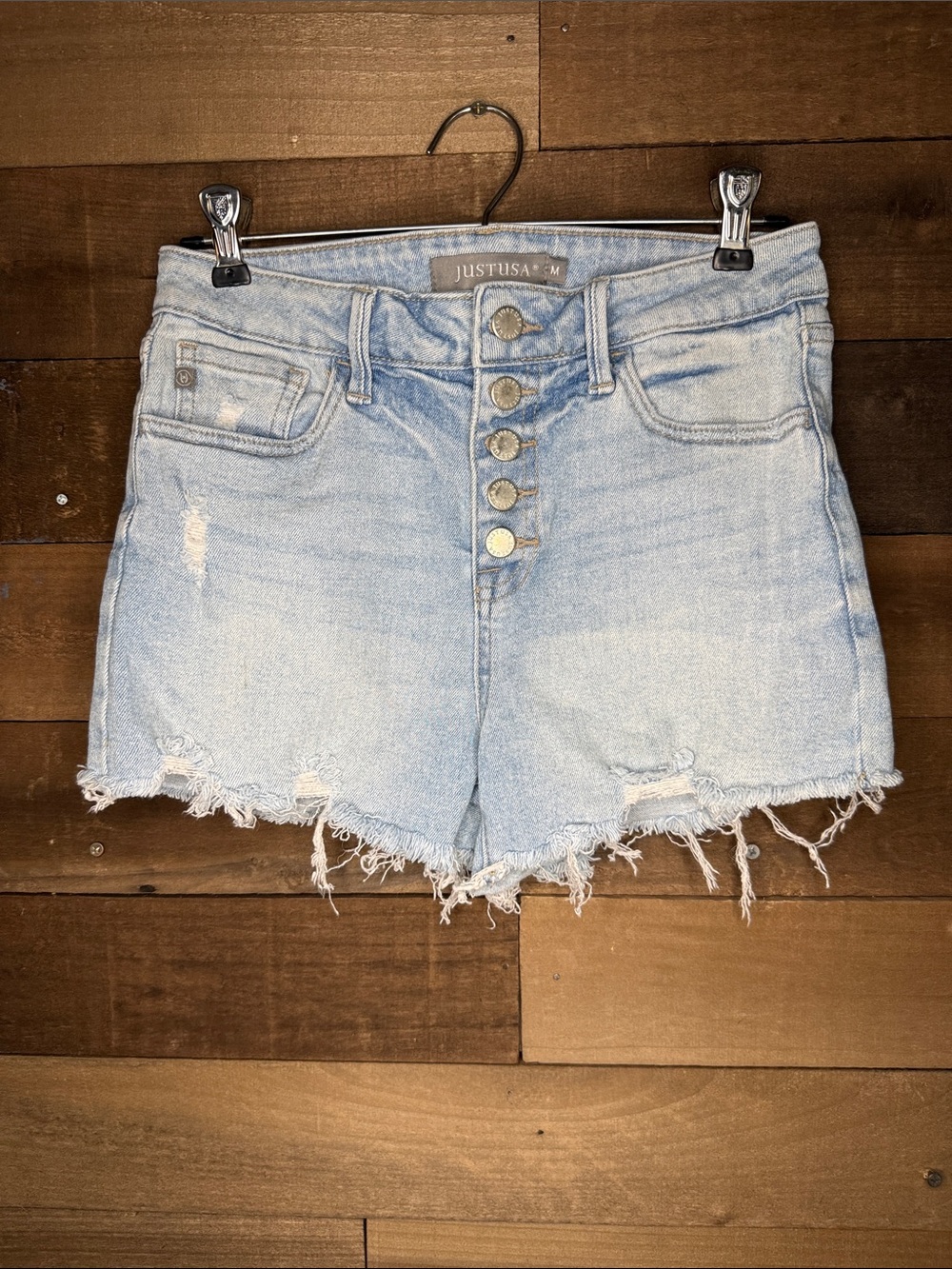 Just USA Light Blue High-Rise Button-Front Denim Shorts